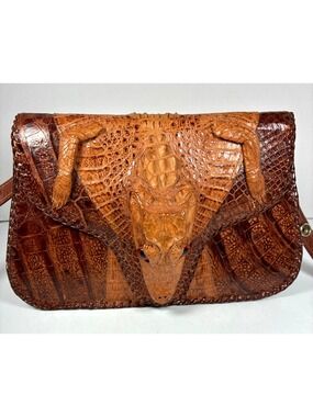Vintage 1940s 1950s Genuine Alligator Head Leather Handbag
